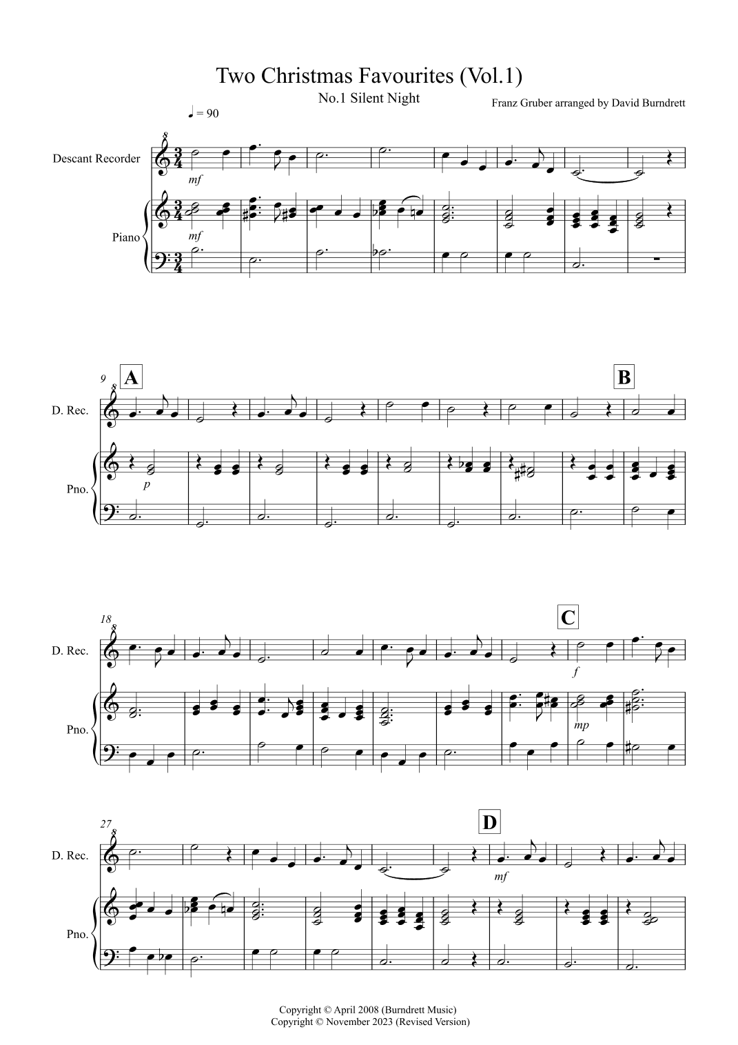 2 Christmas Favourites for Descant Recorder and Piano (volume one) (arr. David Burndrett)