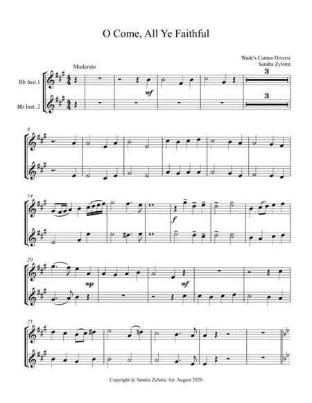 O Come, All Ye Faithful (treble Bb instrument duet, parts only) (arr. Sandra Zylstra)
