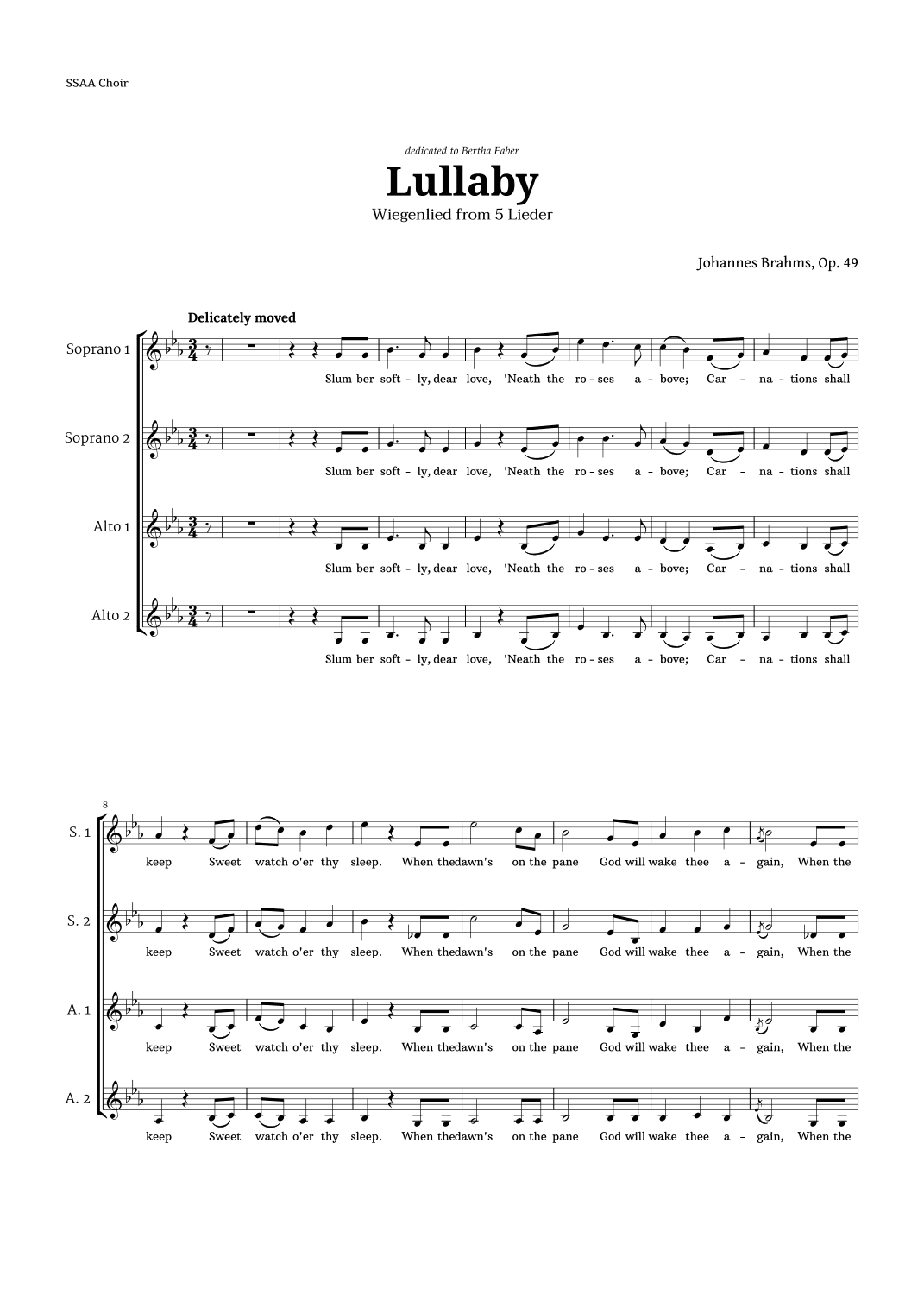 Lullaby by Brahms for SSAA Choir (arr. Langanho)