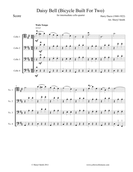 Bicycle Built for Two, arranged for four intermediate cellos / cello quartet (arr. Yellow Cello Music)