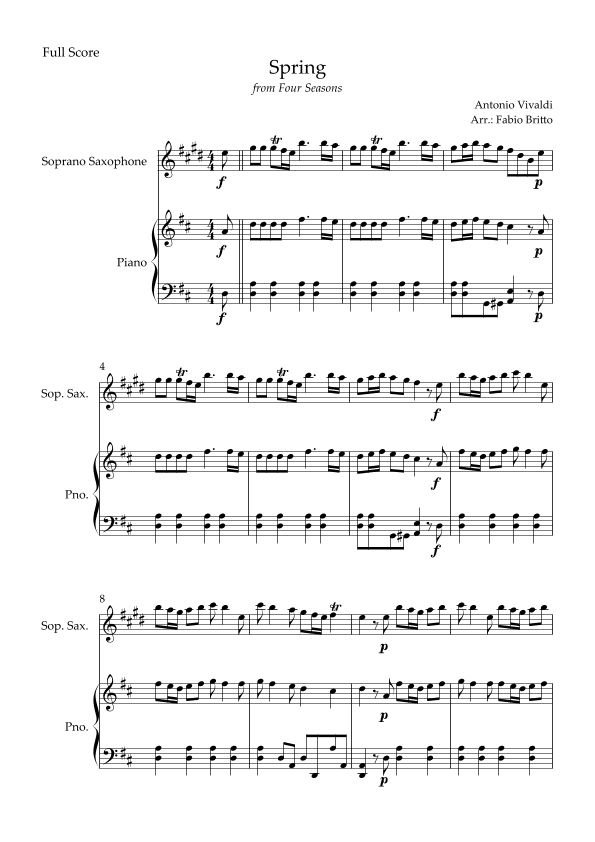 Spring (from Four Seasons of Antonio Vivaldi) for Soprano Saxophone Solo and Piano Accompaniment (arr. Fabio Britto)
