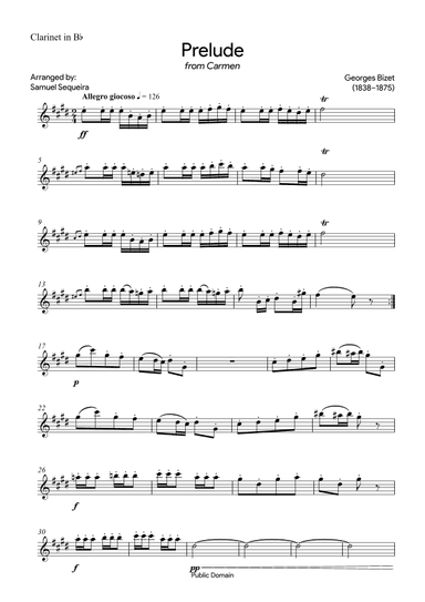 Prelude (from Carmen) - for Clarinet in Bb -  with play along (arr. Samuel Sequeira)