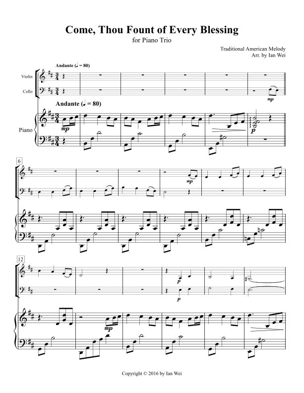 Come, Thou Fount of Every Blessing for Piano Trio (arr. Ian Wei)