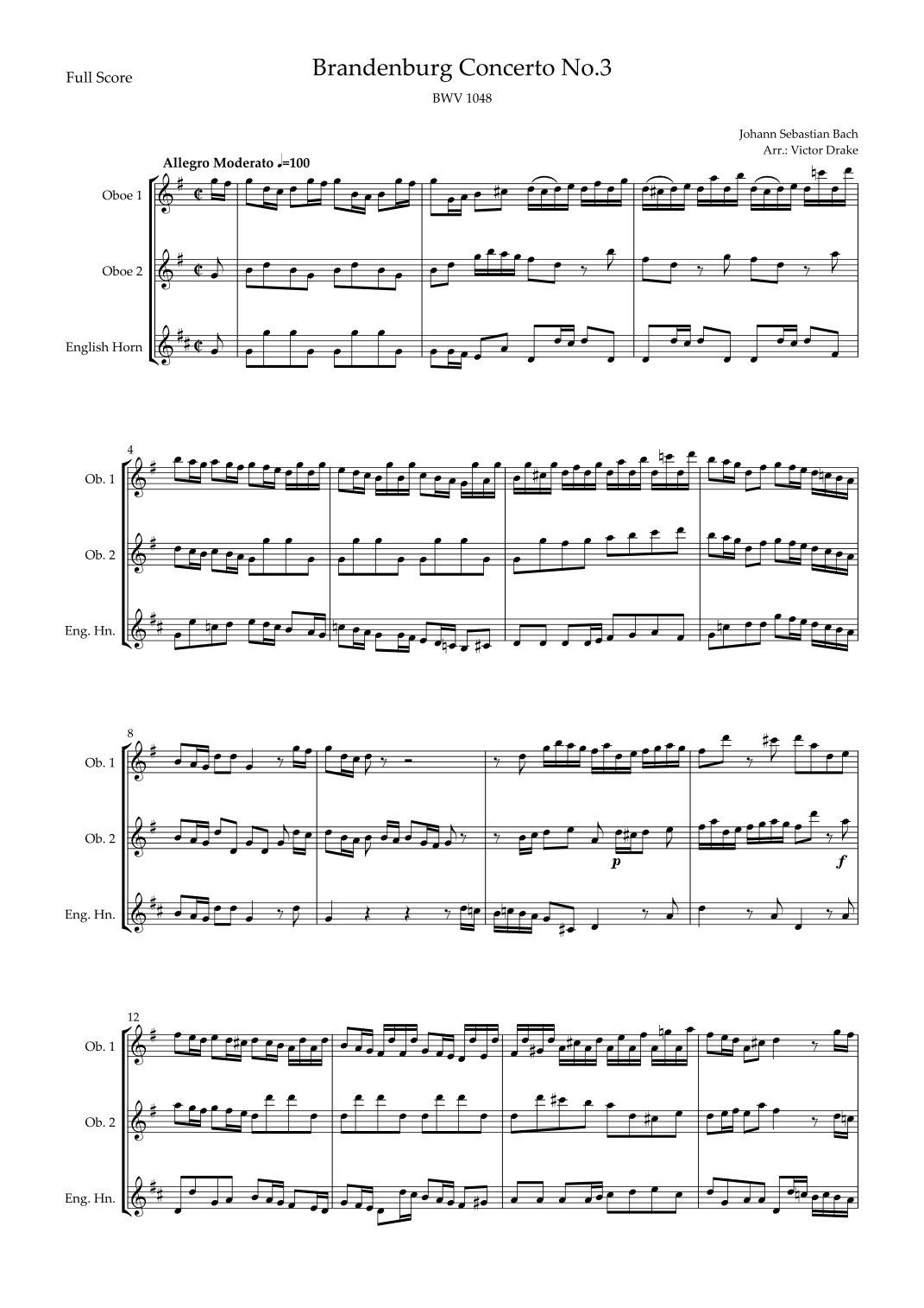 Brandenburg Concerto No. 3 in G major, BWV 1048 1st Mov. (J.S. Bach) for Woodwind Trio (arr. Victor Drake)