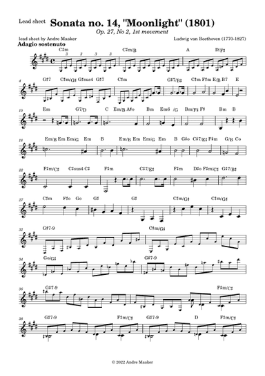 Ludwig van Beethoven - Sonata no. 14 - Moonlight op. 27, no 2, 1st movement - lead sheet (arr. Andre Maaker)