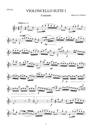 Courante from Violoncello Suite I by J.S.Bach for Alto Saxophone (arr. The Sheet Music Library)