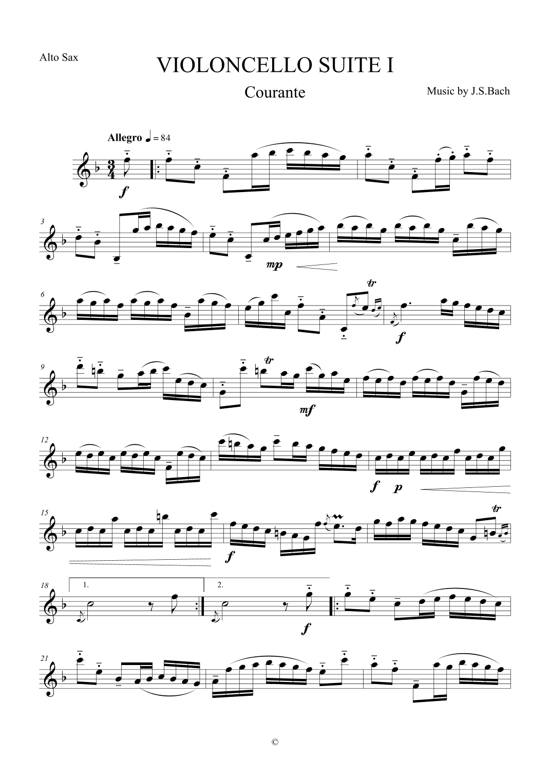 Courante from Violoncello Suite I by J.S.Bach for Alto Saxophone (arr. The Sheet Music Library)