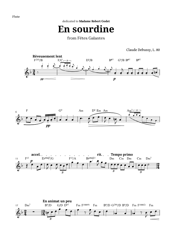En sourdine by Debussy for Flute and Chords (arr. Langanho)