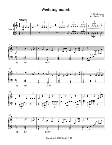 Wedding march by Mendelssohn for harp (easy) (arr. Daniel C. M.)