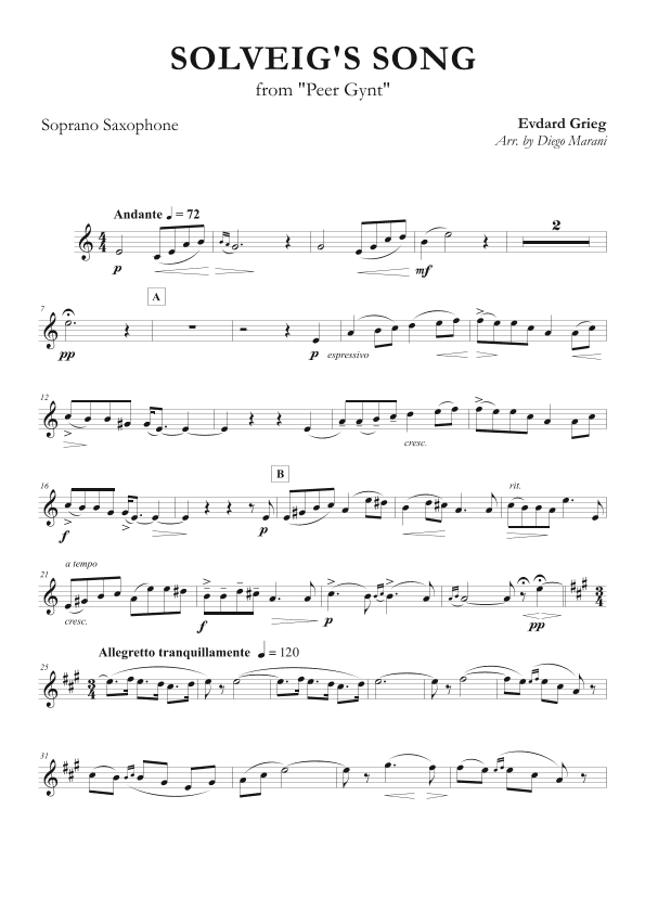 Solveig's Song from "Peer Gynt" for Soprano Saxophone and Piano (arr. Diego Marani)
