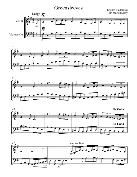 Greensleeves, for violin & cello duet (arr. Marion Maby)