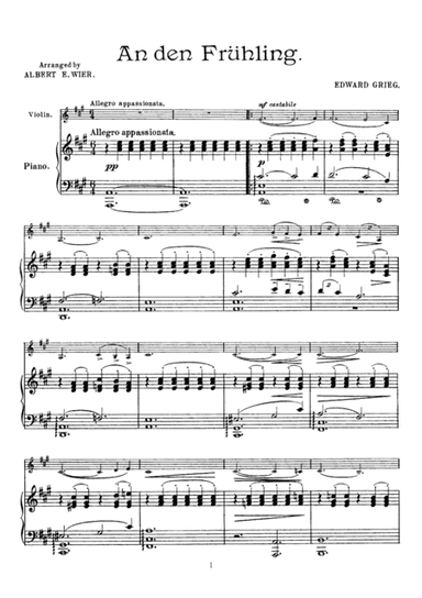 Grieg An den frühling (To Spring), for Violin & Piano, VN002 (arr. A. E. Wier)