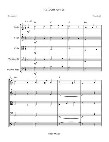 greensleeves for string quintet with chords sheet music (arr. Arezzo Music)