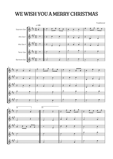 We Wish You a Merry Christmas for Sax Quintet • easy Christmas sheet music (arr. Benzaiten Editions)
