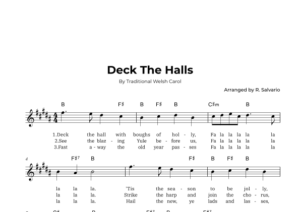 Deck The Halls (Key of B Major) (arr. R. Salvario)
