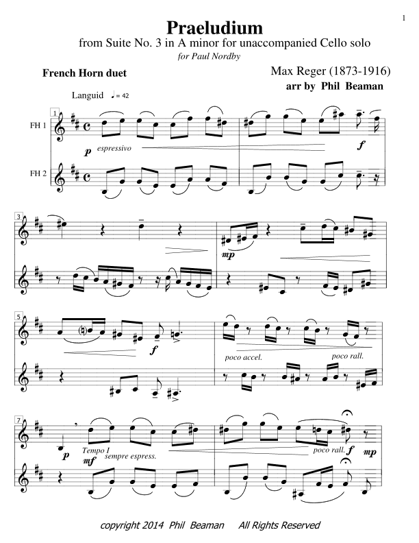Praeludium - Reger- French Horn duet (arr. Phil Beaman)