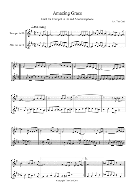 Amazing Grace. Duet for Trumpet and Alto Saxophone (arr. Tim Curd.)