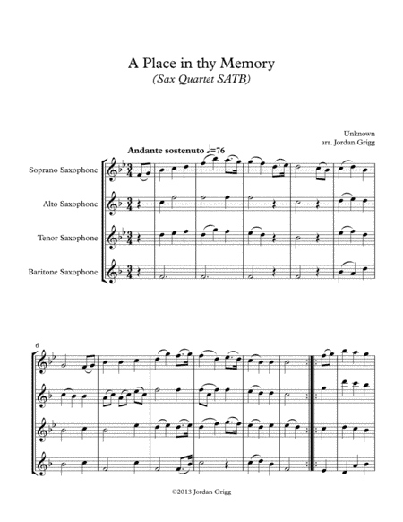 A Place in thy Memory (Sax Quartet SATB) (arr. Jordan Grigg)
