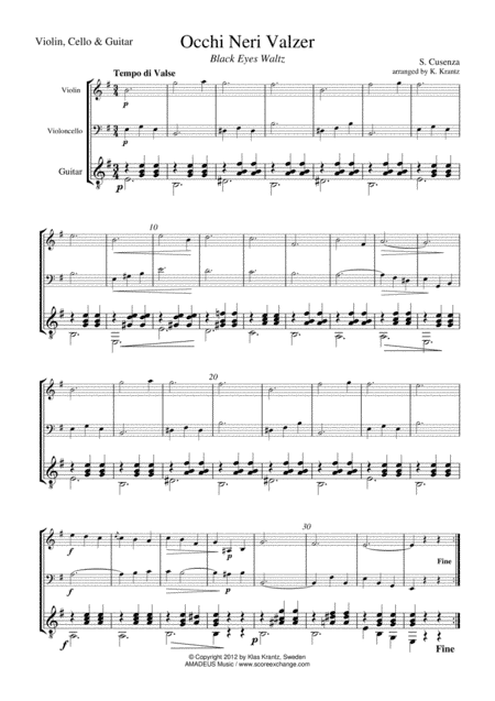 Occhi Neri Valzer / Black Eyes Italian Waltz for violin, cello and guitar (arr. Amadeus Music)