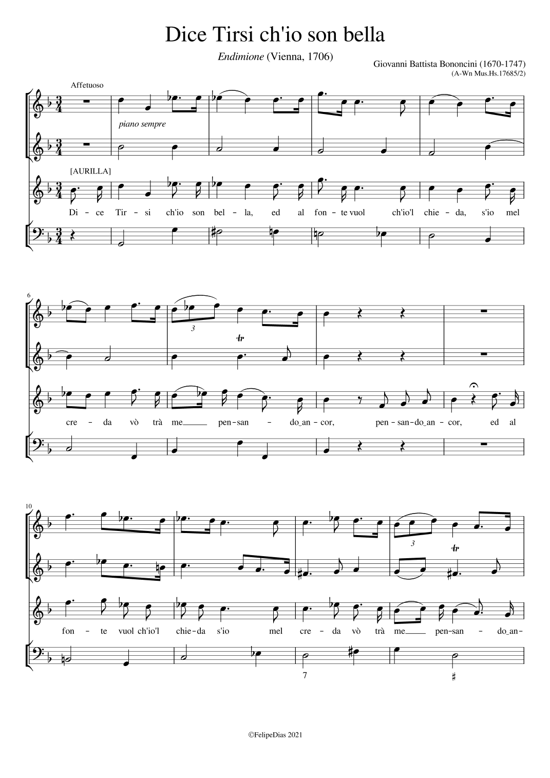 Dice Tirsi ch'io son bella (from Endimione) (arr. Early Music Scores)