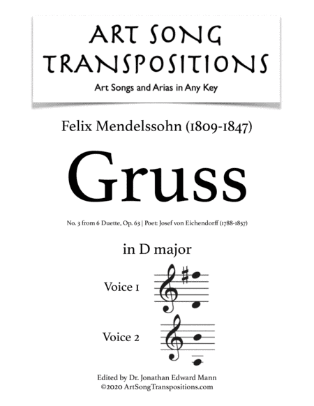 MENDELSSOHN: Gruss, Op. 63 no. 3 (transposed to D major) (arr. ArtSongTranspositions.com)