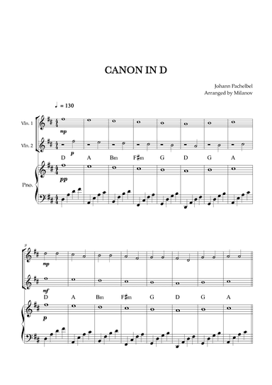 Canon in D | Pachelbel | Violin Duet | Piano accompaniment (arr. Milanov)
