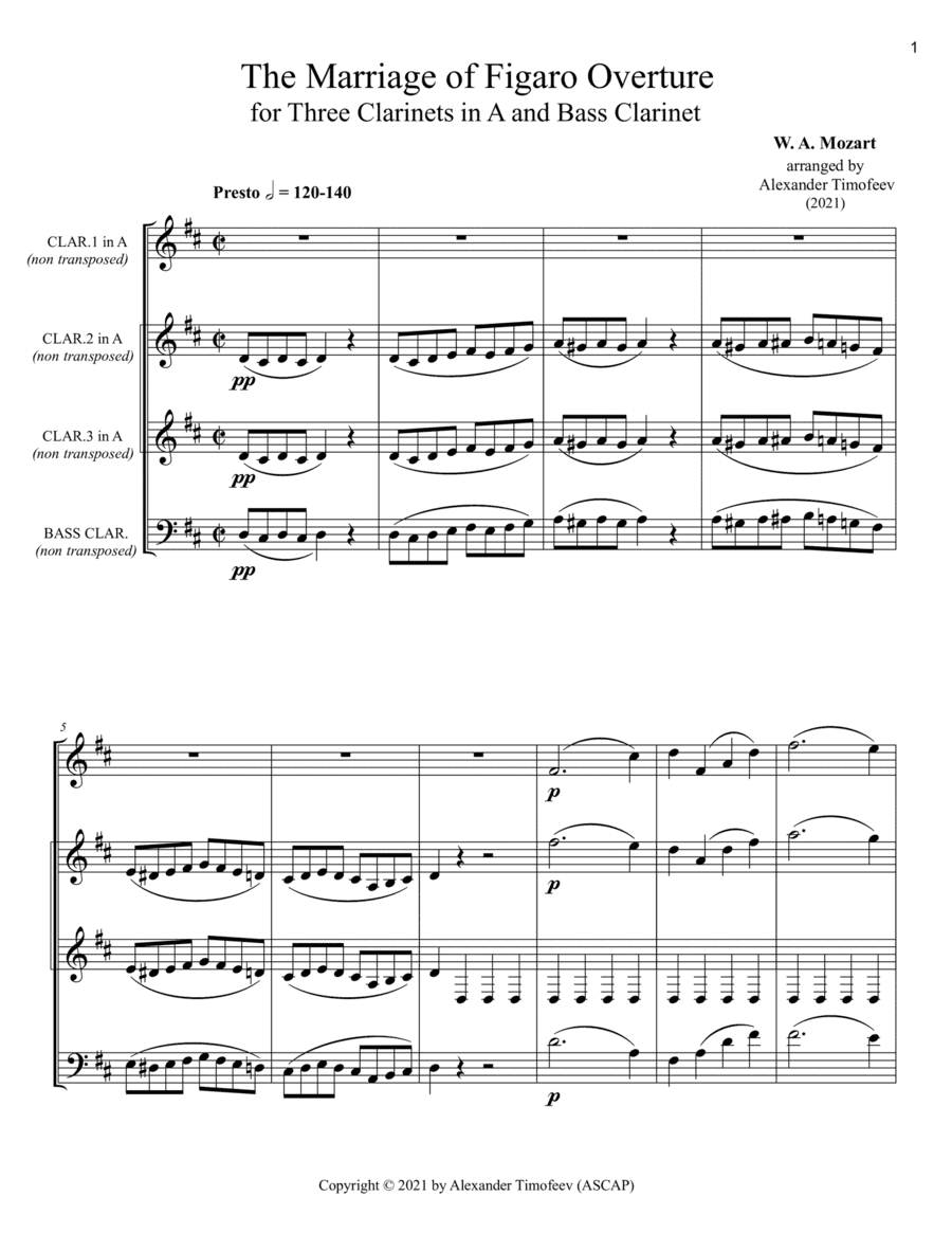 The Marriage of Figaro Overture, for Three Clarinets in A and Bass Clarinet (arr. Alexander Timofeev)