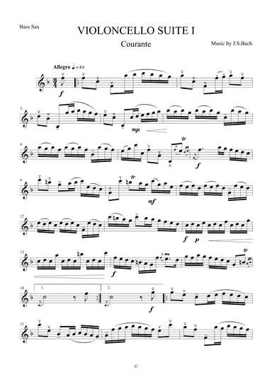 Courante from Violoncello Suite I by J.S.Bach for Bass Saxophone (arr. The Sheet Music Library)
