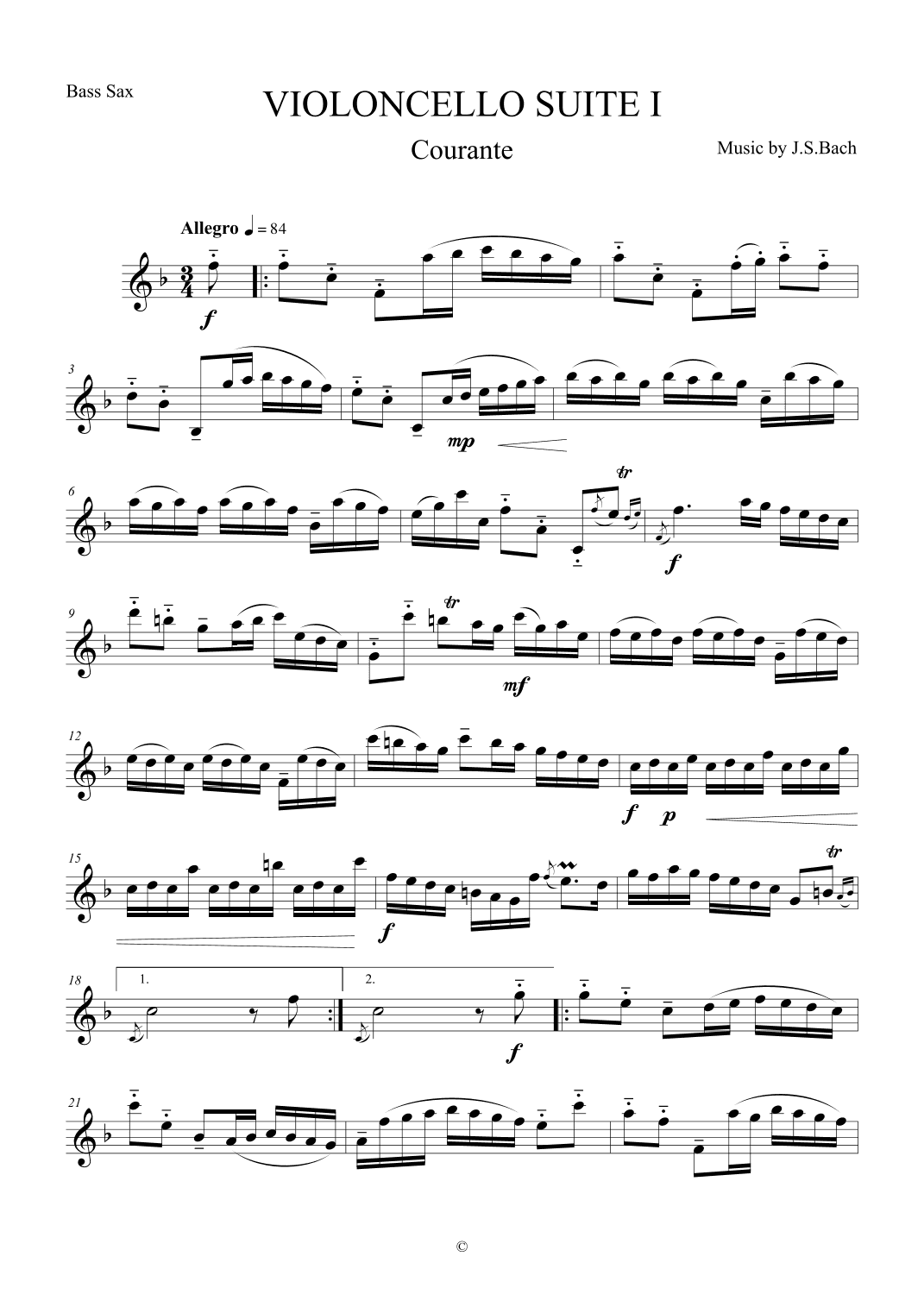 Courante from Violoncello Suite I by J.S.Bach for Bass Saxophone (arr. The Sheet Music Library)