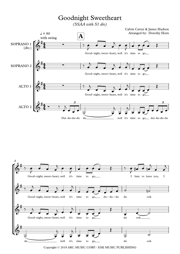 Goodnight, Sweetheart, Goodnight (goodnight, It's Time To Go) (arr. Dorothy Horn)