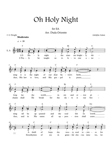 Oh Holy Night (F major - SA - with chords - no piano - one staff) (arr. Duda Oriontte)