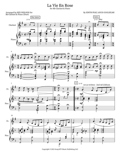 La Vie En Rose (arr. REX NEILSON for Bb Clarinet & Piano (Duet))