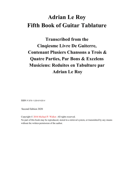 Adrian Le Roy Fifth Book of Guitar Tablature (arr. Michael P. Walker)