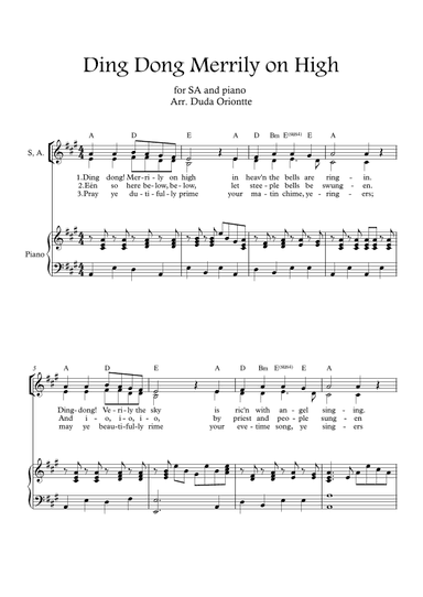 Ding Dong Merrily on High (SA - A major - 1 staff - with chords - with piano) (arr. Duda Oriontte)