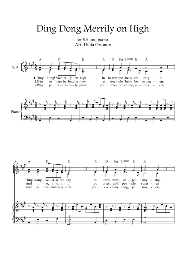 Ding Dong Merrily on High (SA - A major - 1 staff - with chords - with piano) (arr. Duda Oriontte)