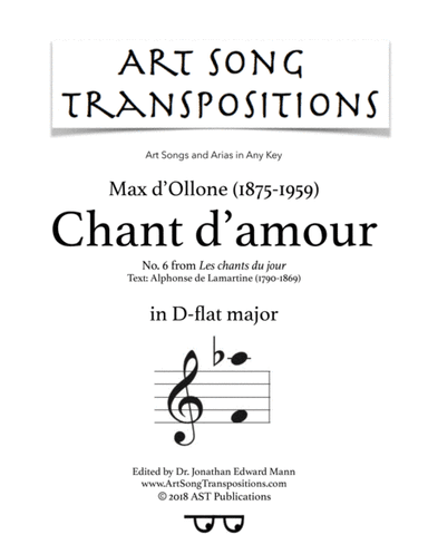 D'OLLONE: Chant d'amour (transposed to D-flat major) (arr. ArtSongTranspositions.com)