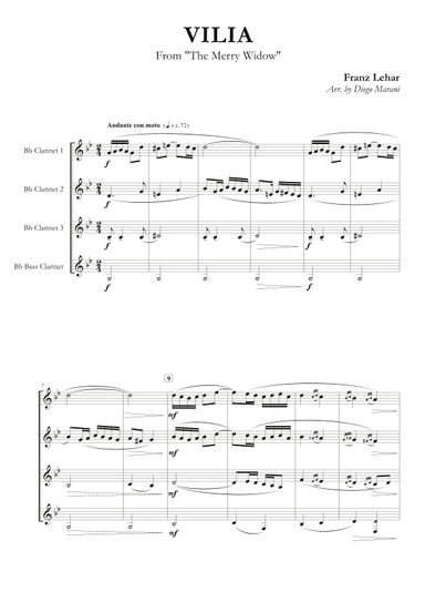 Vilia from "The Merry Widow" for Clarinet Quartet (arr. Diego Marani)