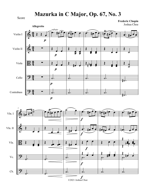 Mazurka in C Major, Op. 67, No. 3 (arr. Joshua Choe)