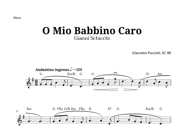 O Mio Babbino Caro by Puccini for Oboe and Chords (arr. Langanho)