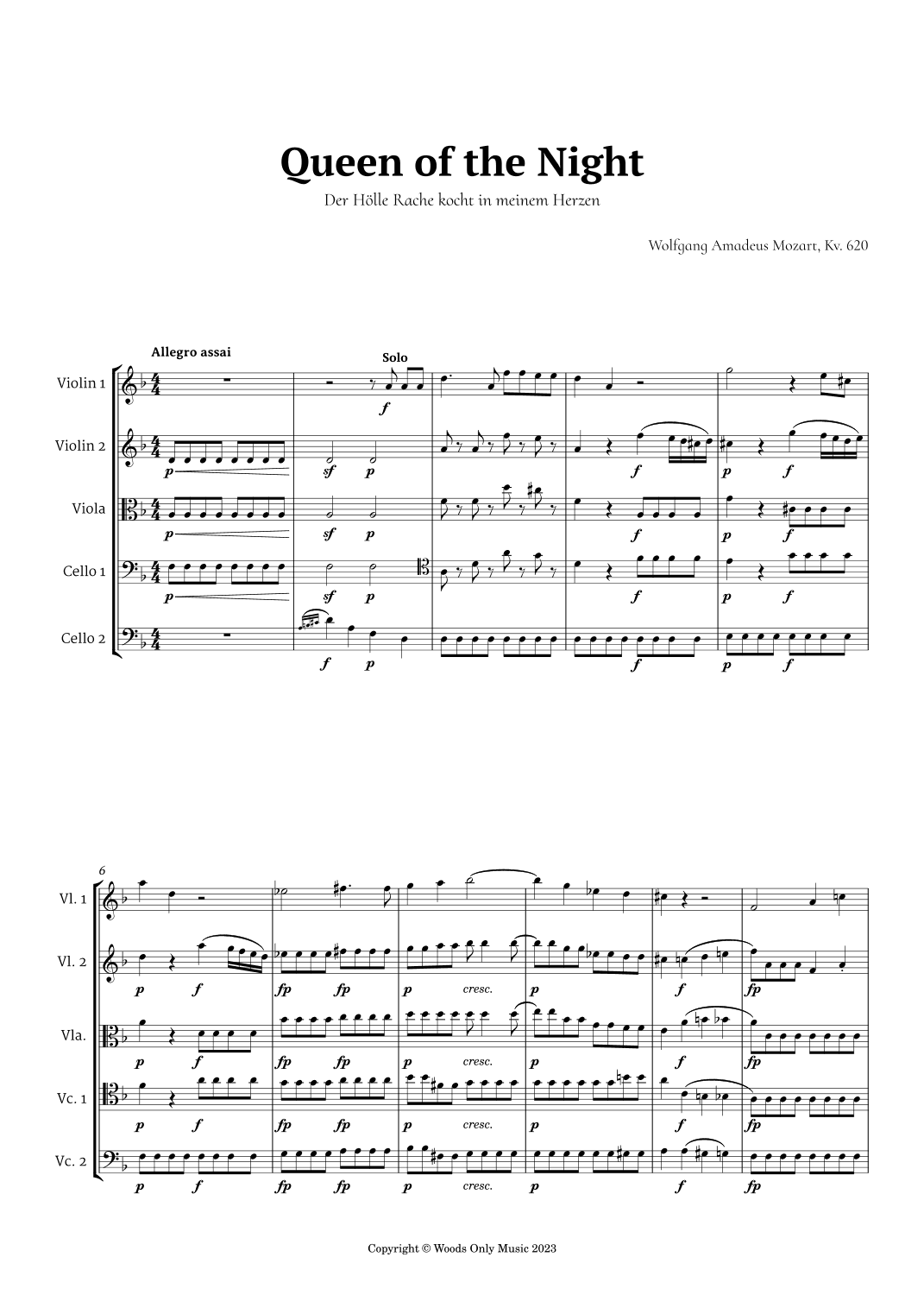 Queen of the Night Aria by Mozart for String Quintet (arr. Ander)