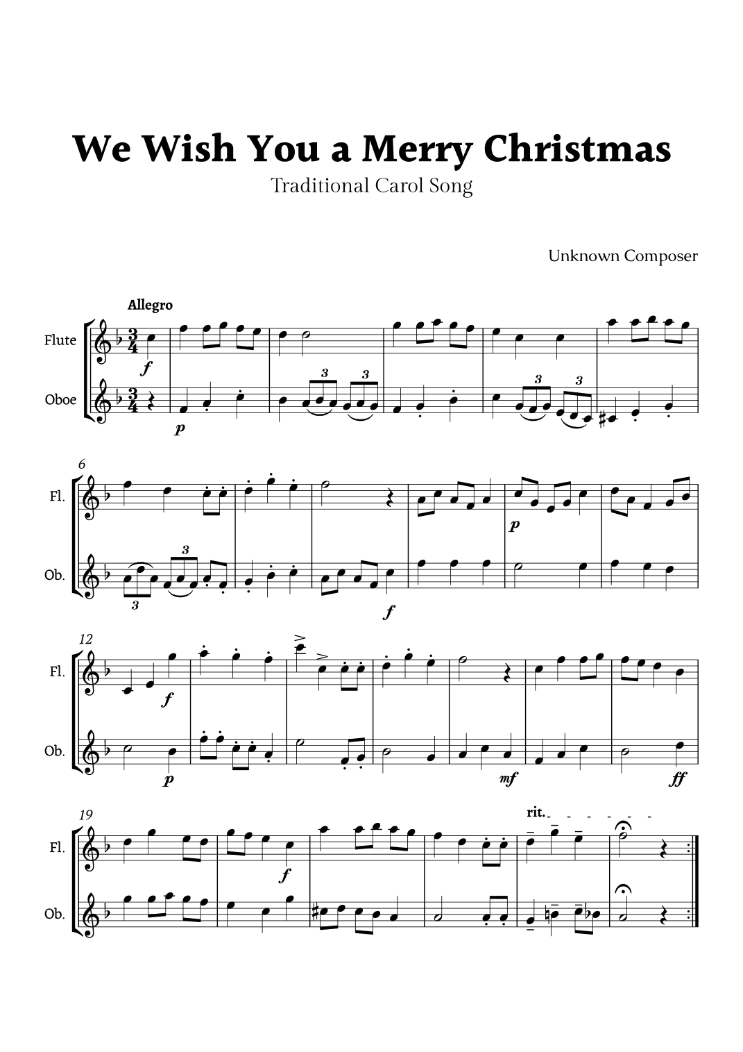We Wish you a Merry Christmas for Flute and Oboe Duet (arr. Rika K.)