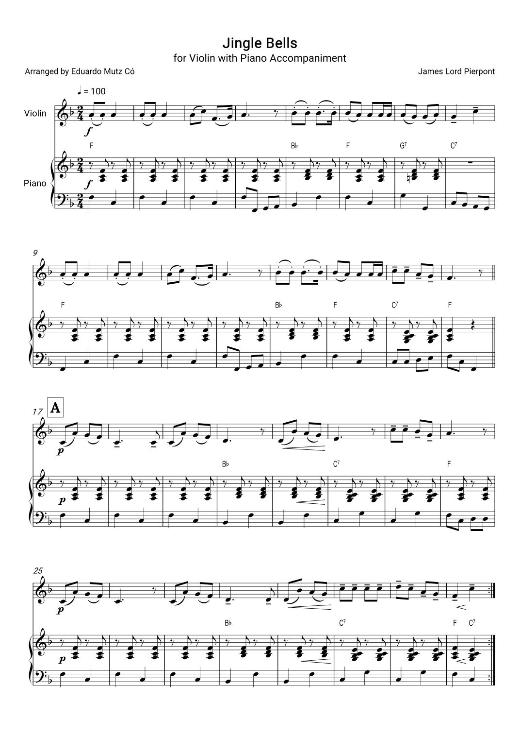 Jingle Bells – Violin and Piano Accompaniment Arrangement (arr. Eduardo Mutz Có)
