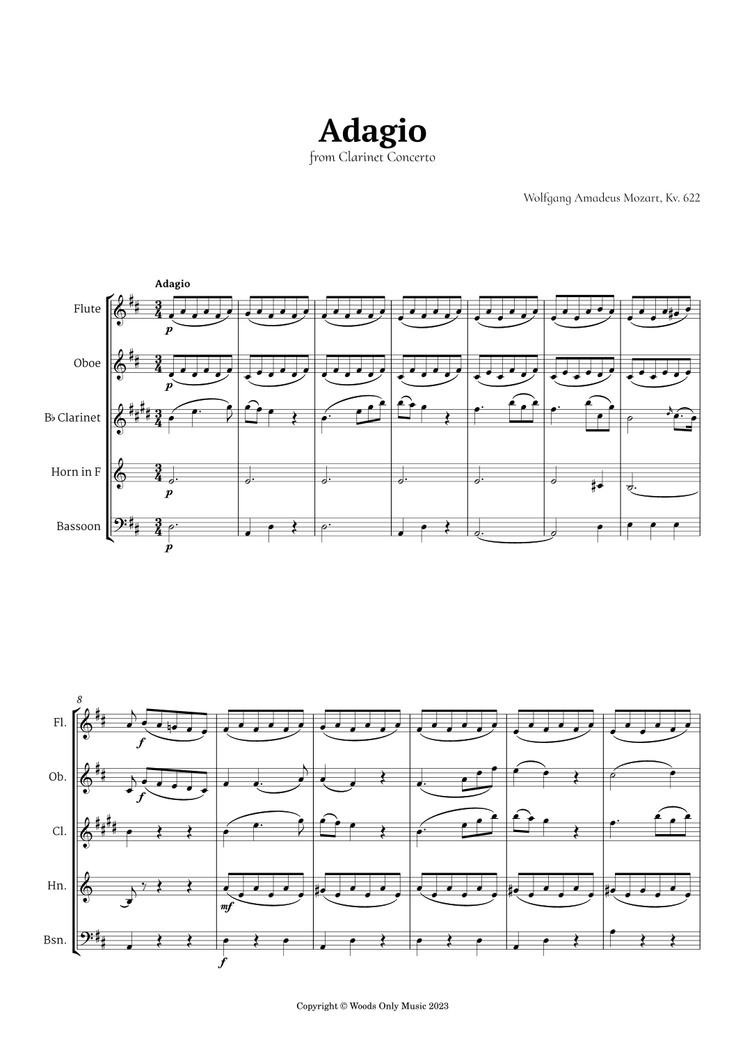 Adagio from Clarinet Concerto by Mozart for Woodwind Quintet (arr. Ander)