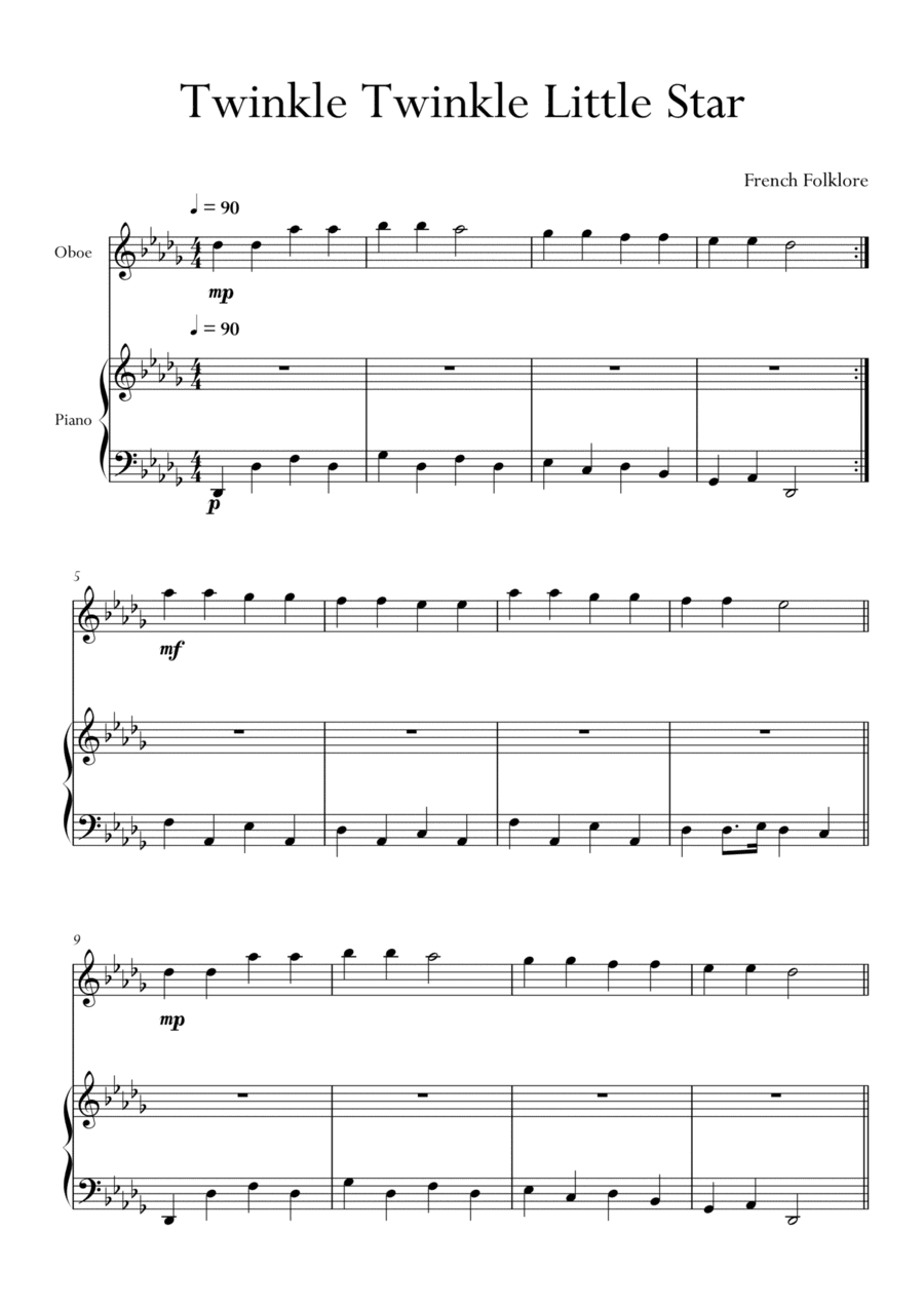 Twinkle Twinkle Little Star in Db Major for Oboe and Piano. Very Easy. (arr. Matheus Araújo)
