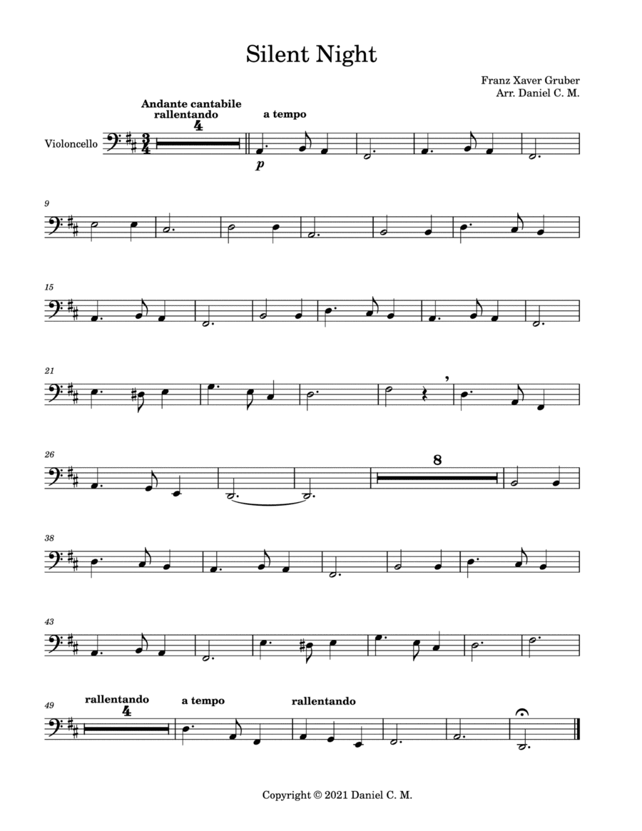 Silent Night for cello and piano (low register) (arr. Daniel C. M.)