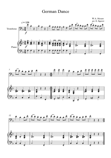 German Dance, Wolfgang Amadeus Mozart, For Trombone & Piano