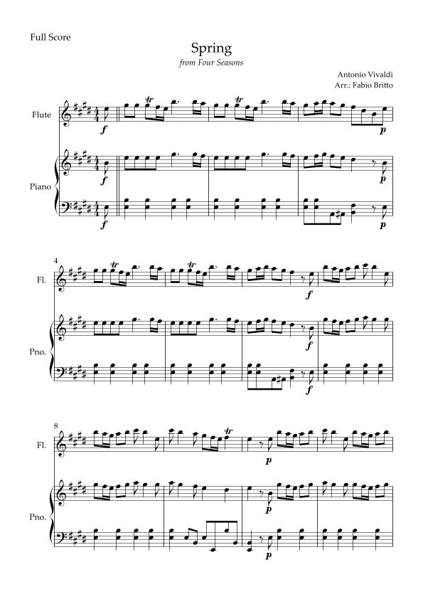 Spring (from Four Seasons of Antonio Vivaldi) for Flute Solo and Piano Accompaniment (arr. Fabio Britto)