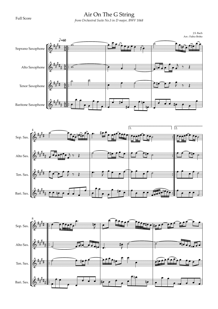 Air On The G String (J.S. Bach) for Saxophone Quartet (arr. Fabio Britto)
