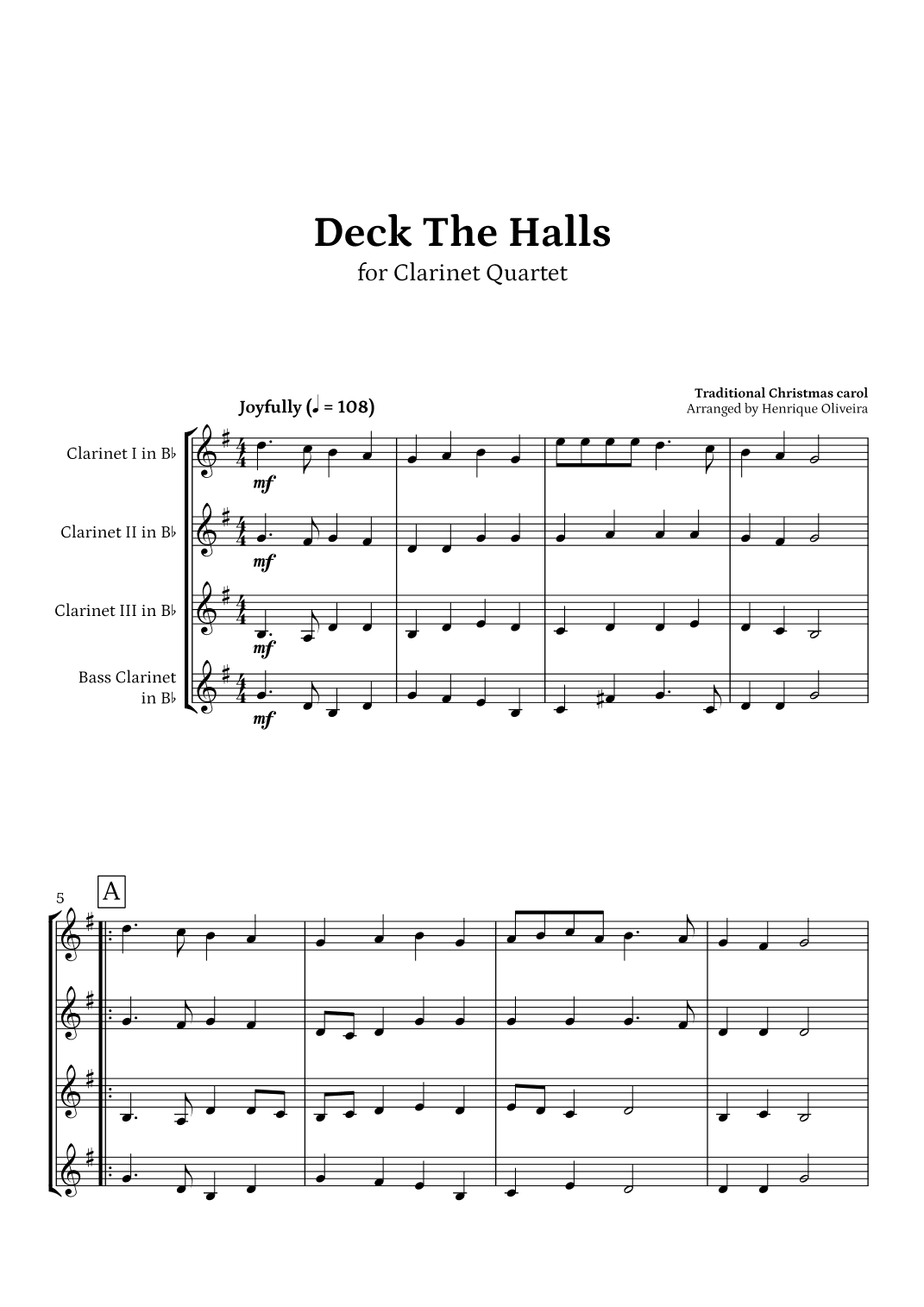 Deck The Halls (Clarinet Quartet) | Christmas Carol (arr. Henrique Oliveira)