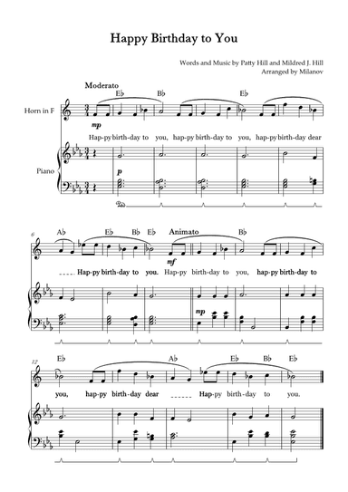 Happy Birthday to You | Horn in F | E-flat Major | Piano accompaniment | Pedal | Chords | Lyrics (arr. Milanov)